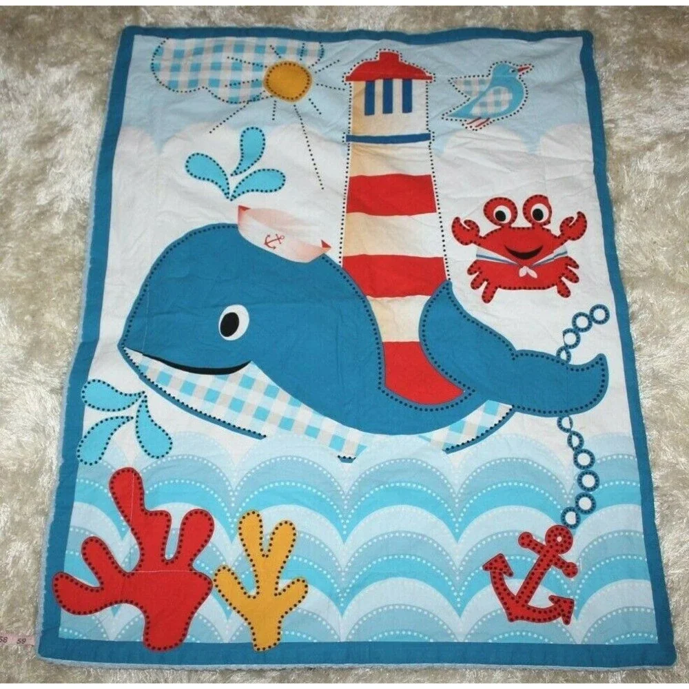 Whale Baby Quilt Crab Sailor Nautical Crib Blanket Blue Lighthouse 32x42